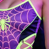 Body de poliéster/spandex reactivo a los rayos UV, color morado neón, con diseño de telaraña, para mujer, con aberturas y cordones, estilo rave.