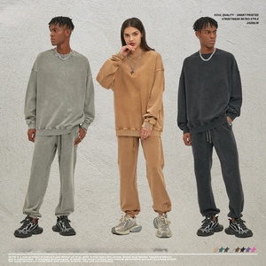 Haute qualité 100% coton lourd lavé à l'acide <span class=keywords><strong>Vintage</strong></span> sweat cou ample solide automne éponge tissu Anti-boulochage pull - Product Image 4