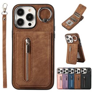 Funda de tarjeta con cremallera y cierre de anillo de dedo con sensación de piel inferior superior para <span class=keywords><strong>iPhone</strong></span> 11 <span class=keywords><strong>14</strong></span> 15 16 <span class=keywords><strong>Pro</strong></span> Max Wallet Fundas para teléfonos móviles con anillo - Product Image 1