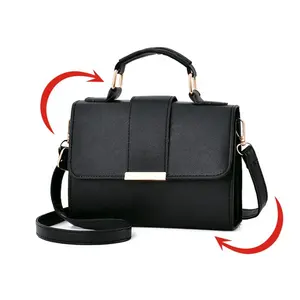 Lady Goedkope Pu Zwart Lederen Mobiel Flap Crossbody Handtassen Tassen Vrouwen Enkele Toevallige Lange Riem Schoudertas