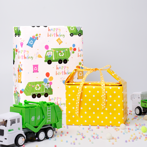 Papel de Regalo Reversible con Diseño de Camión de Basura para Niños, con Estampado de Letras de Feliz Cumpleaños y Puntos Amarillos, para Cajas de Regalo y Manualidades - Product Image 3