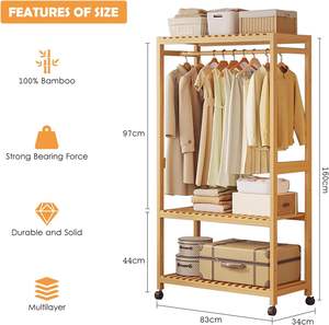 <span class=keywords><strong>Armario</strong></span> Abierto de Bambú con Ruedas, 3 Estantes de Almacenamiento y Barra Superior para Colgar Ropa, Multifuncional para Baño y Dormitorio - Product Image 4