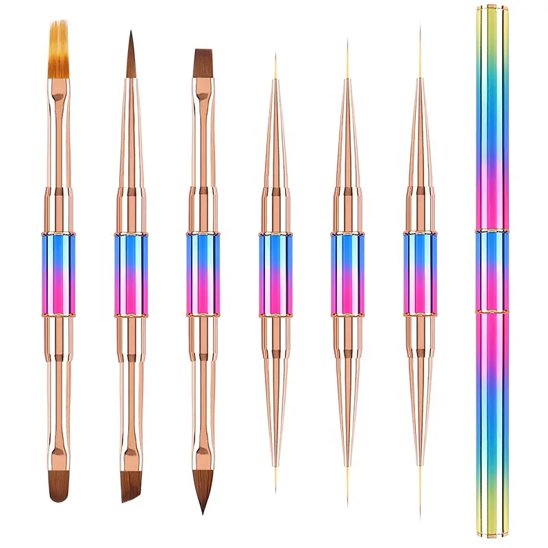جديد واحد أو 6 فرشاة تزيين الأظافر مزدوجة الأطراف قلم علاج ضوئي من النايلون مجموعة أظافر متدرجة معدنية من الأكريليك