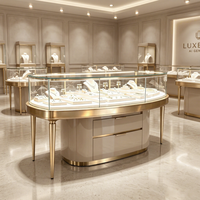 Mobilier et vitrines pour bijouterie sur mesure ; aménagement complet de magasin incluant des vitrines de présentation de bijoux et des armoires murales
