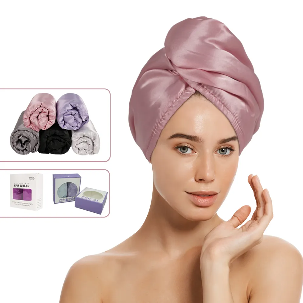 Usine directe de haute qualité en microfibre et satin de soie serviette de cheveux à séchage rapide serviette de cheveux en microfibre double couche paquet de 2