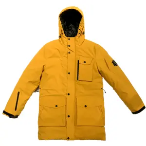 OEM黄色连帽衫长款冬季保暖男士羽绒服滑雪防水定制夹克