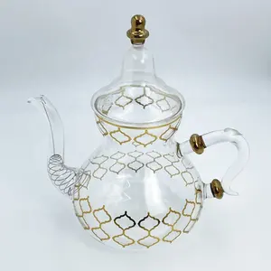 Bouilloire à thé Arabeque Borosilicate Transparent Théière Coffre-fort Décalcomanie dorée Théière en verre Marocain 1.5L avec filtre intégré