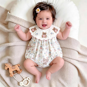 Combinaison en coton pour bébé fille Angou Baby's Summer Floral Hare, adorable barboteuse à motif d'ours, tenue fine sans manches, vêtements pour bébé - Product Image 2