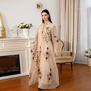  Robe de soirée longue en mousseline de soie pour femmes, broderie de paillettes, tunique Kimono Maxi Caftan, grande taille, dubaï Abaya