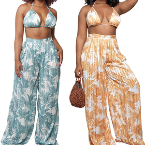 Women Beach <strong>Wear</strong> Sexy <strong>Blue</strong> and Yellow Floral Print Halter Neck Two-Piece Outfit Lady Set Clothing - Product Image 1