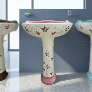 อ่างล้างหน้าเซรามิกสีชมพูขาว พร้อมฐานเต็มตัว ของตกแต่งห้องน้ำ - Product Image 4