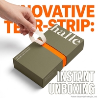 Boîte cadeau de luxe à logo personnalisé avec bande déchirable – Emballage rigide à ouverture facile, intérieur orange pour bougies, portefeuilles, cadres photo, et branding de boutique