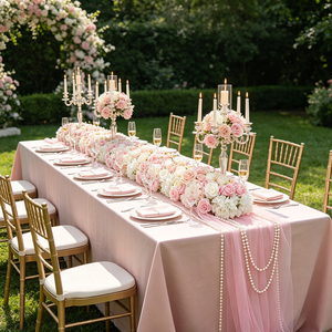Chemin de table de luxe rose pâle effet naturel avec roses pour mariage, décoration florale pour centre de table et scène - Product Image 1