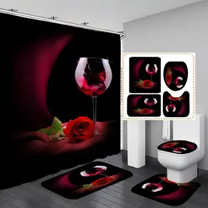 Tirai Mandi Hari Valentine Romantis Cinta Hati Cangkir Anggur Tirai Mandi 4 Buah Set Kamar Mandi