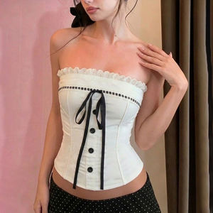 Top bustier en dentelle style français, respirant, tricoté, coupe ajustée, style Sweet Girl - Product Image 4