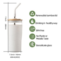 Gobelet en verre écologique blanc personnalisé 600 ml Tangible 2025, nouveau design de style américain, avec couvercle en bambou et paille en silicone à visser