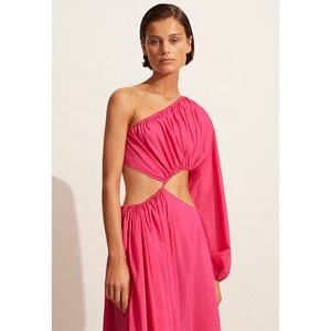 Robe longue asymétrique pour femmes avec des découpes à la taille audacieuses et une seule robe maxi rose en coton biologique à manches longues volumineuse - Product Image 3