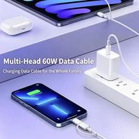Cable de Carga Rápida 4 en 1 de 60W con Transferencia de Datos de Alta Velocidad, Cable de Carga Multi Interfaz USB/Tipo-C/Lightning