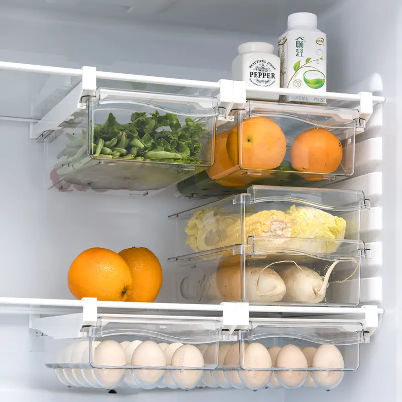 Organizador plástico da gaveta do refrigerador, escaninhos de armazenamento do alimento para o congelador da cozinha, organizador do refrigerador