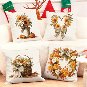 Autumnal floral throw pillows with sunflowers pumpkins and bows for cozy seasonal home decor - Product Image 1