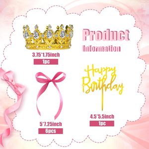 ชุดตกแต่งหน้าเค้กมงกุฎสีชมพูทอง 8 ชิ้น ประดับด้วยคริสตัล โบว์ผ้าซาติน พร้อมป้ายอวยพรวันเกิดแบบตัวเขียน สำหรับงานวันเกิดเจ้าหญิง - Product Image 6