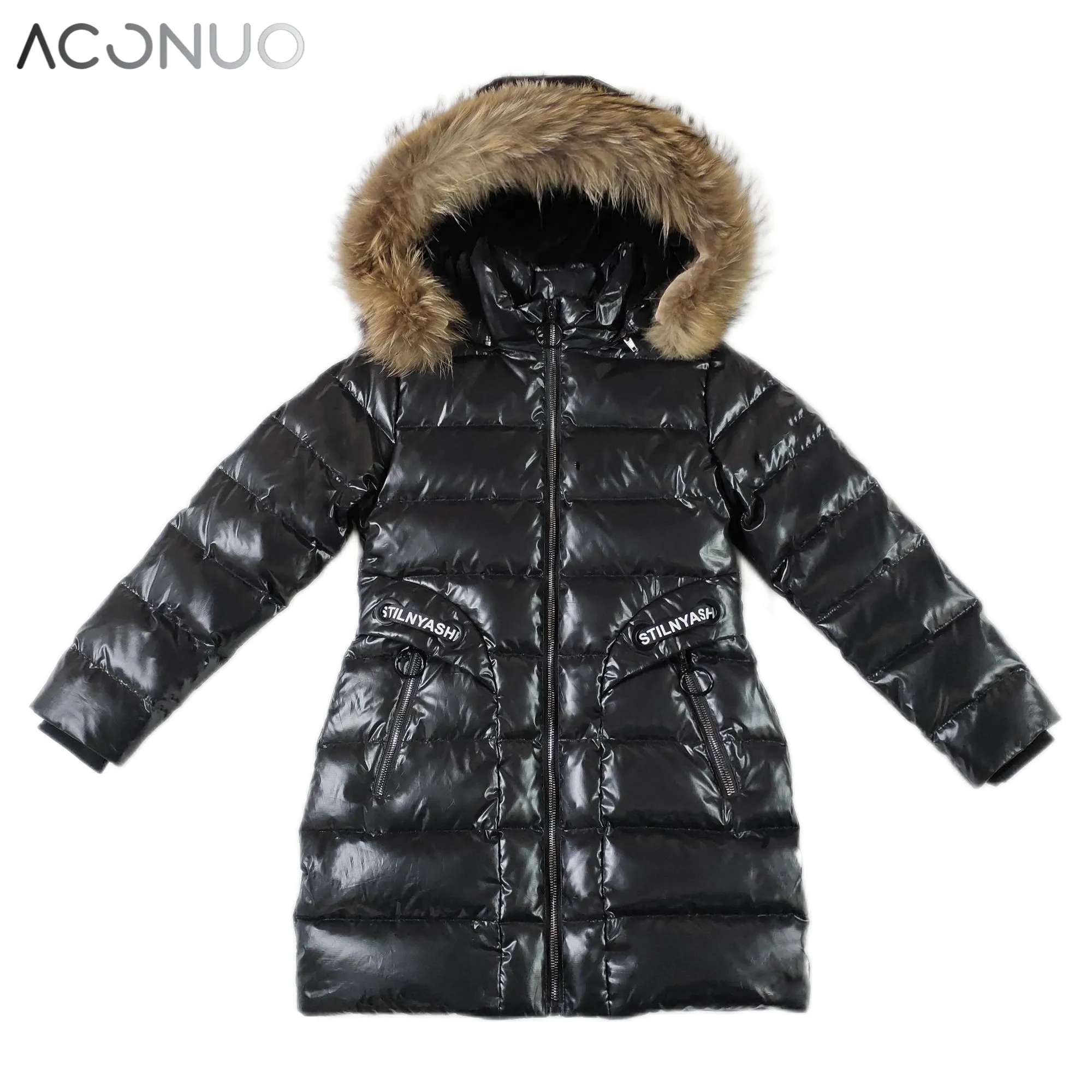 ACONUO OEM Custom Girls Fur Jackets Black Hooded Parka Winter Thick Long Coat For Girls