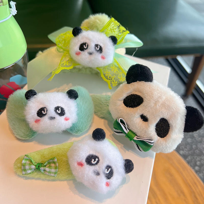Mori Tie Bow Green Side Clip Korean Children's BB Clip Headdress Cute Panda Doll Plush Hair Clip
