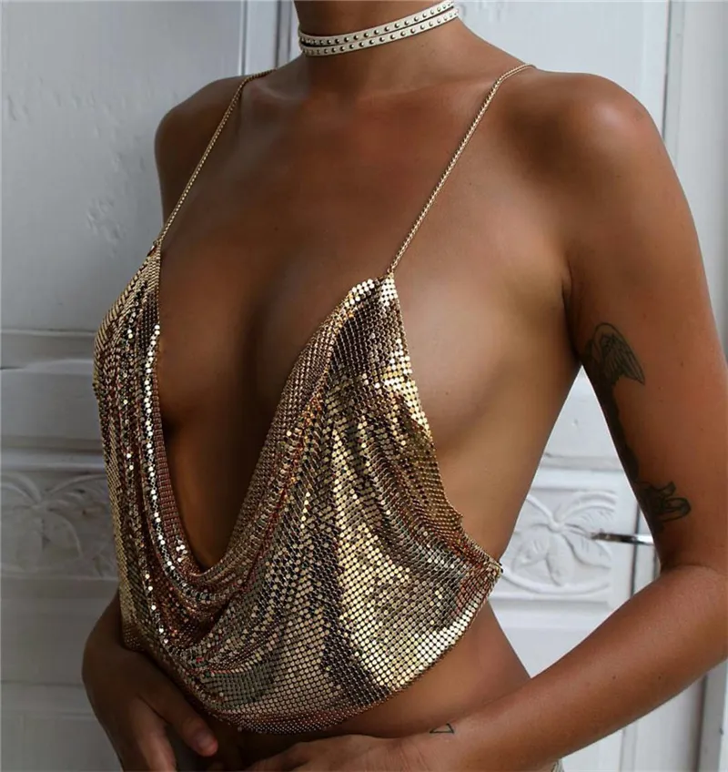 Women Sexy Crop Top Backless Bling Sequin Shiny Gold Tank Top Vest Rhinestone Night Club Party Chain Deep V Camisole
