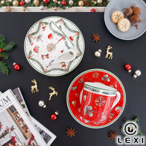 Juego de Tazas y Platos de Porcelana Moderna LEXI, Duraderos, Navideños, 6 Colores Personalizables, Logotipo, Diseño de Guirnalda y Estrellas, para el Hogar y las Fiestas - Product Image 2