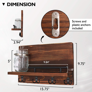<span class=keywords><strong>Porte</strong></span>-clés et <span class=keywords><strong>porte</strong></span>-lettres mural en bois rustique avec étagère de présentation, décoration d'entrée style ferme, <span class=keywords><strong>porte</strong></span>-clés avec crochets métalliques pour couloir - Product Image 4