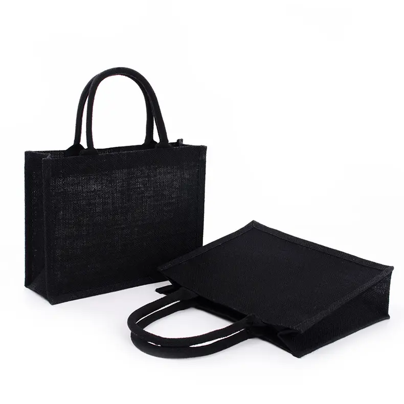 Vente en gros de sacs en toile de jute noire de haute qualité sacs à main en jute avec logo imprimé sac fourre-tout portable de grande capacité