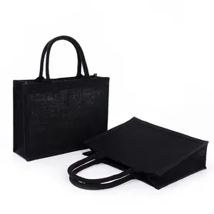 Wholesale High Quality Black Burlap Bag Printing Logo Jute Handbags Portable Large Capacity Tote Bag