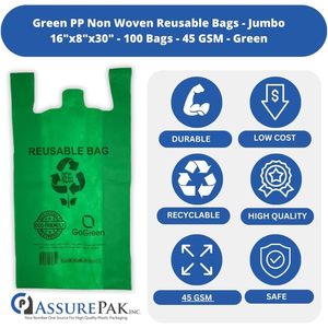 Bolsas de Compra Reutilizables Verdes, Paquete de 100, 12x7x22 Pulgadas, No Tejidas, Ecológicas, GoGreen - Product Image 3