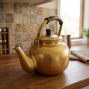 Bouilloire à thé vintage en métal avec couvercle et poignée, couleur dorée, pour la préparation du thé - Product Image 5