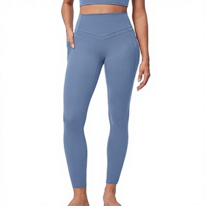 Leggings taille haute couleur unie respirants 220g pour femme, longueur intégrale, sans couture, extensibles, avec poches, pour le yoga et le fitness - Product Image 1