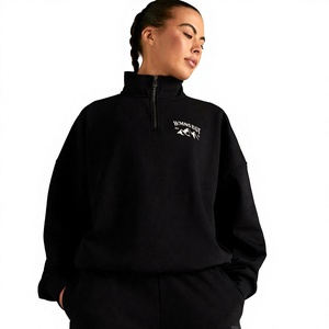 Women's Black Fleece Quarter-<b>Zip</b> Sweatshirt <b>Front</b> Logo Oversized Stand Collar Regular Sleeve Autumn Wear - Product Image 1