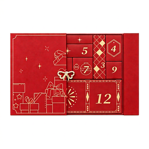Custom Luxury 12 Day Advent Calendar <b>Box</b> Book Style Two Door Red Gold Foil <b>Empty</b> OEM Christmas Countdown Packaging Wholesale - Product Image 1