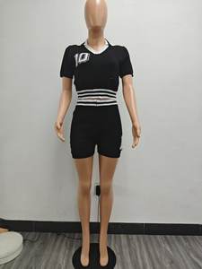 Viviblook Z318ST04 Fashion Leisure Summer Collar Contrast Knitted Set <b>Crop</b> <b>Top</b> and Shorts 2 Pieces Set - Product Image 3