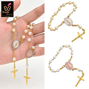 금도금 진주 비즈 로사리오 팔찌 (십자가와 성인 메달 포함) 우아한 종교적 장식 - Product Image 5