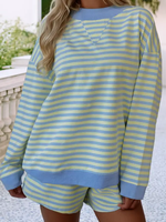 Fabricant de vêtements en gros sur mesure pour femmes, sweat-shirts à manches longues rayés et colorés, pull-over, short à taille élastique, ensemble deux pièces