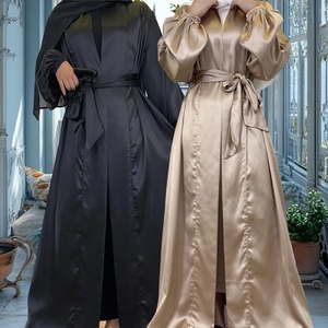 Spring Summer Abaya Smooth Thick Satin Solid Color Simplicity With Pockets Cardigan Muslim <b>Islamic</b> Women Clothing 1917# - Product Image 2