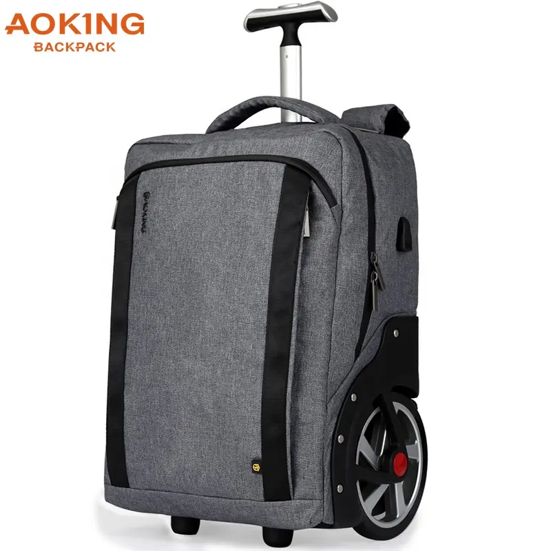 Aoking premium men's outdoor travel 18 inch polyester durable USB trolley business laptop backpack with big wheels