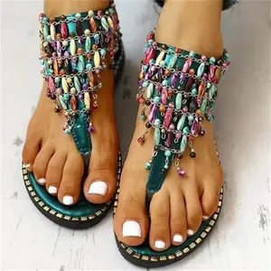 Sandália boêmia colorida com miçangas, sandália de pé reto com zíper, fio dental, praia, LX-208