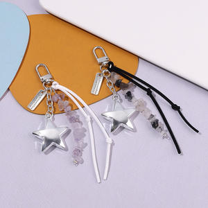 Porte-clés en argent avec étoile, style gravier tendance, avec accessoires en cuir coloré, charme pour sac à main, design à pompon tendance - Product Image 4