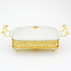 Chauffe-Plats Rectangulaire en Céramique de Luxe pour Traiteur, Support Doré, Vaisselle de Buffet de Mariage, Capacité 1,5 Litre, <span class=keywords><strong>Prix</strong></span> de Gros - Product Image 3