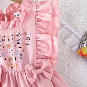 Robes mi-longues pour enfants, tendance, respirantes, à volants, manches courtes, motif floral, pour l'été, pour petites filles - Product Image 4