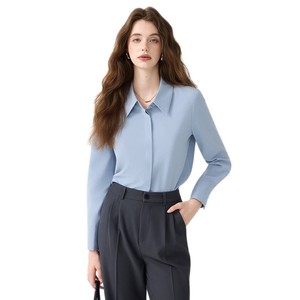Women's Blue Long Sleeve Shirt Solid Color Polyester Broadcloth Workwear Top Professional Formal Wear For Office - Product Image 5