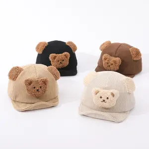 Весенняя Кепка для маленьких девочек, детская Кепка с милым медведем, Вельветовая шляпа, модная однотонная шапка для новорожденных