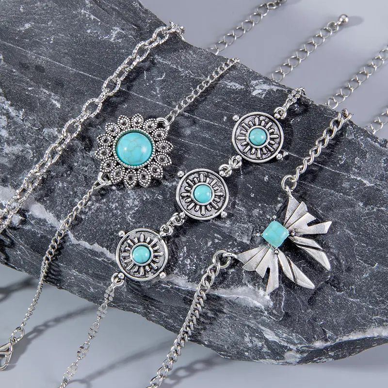 2023 Mới Nhất Phong Cách Dân tộc Cá Tính Turquoise Cánh Hoa Vòng Đeo Tay Bốn Mảnh Cổ Điển Bướm Vòng Đeo Tay Cho Phụ Nữ