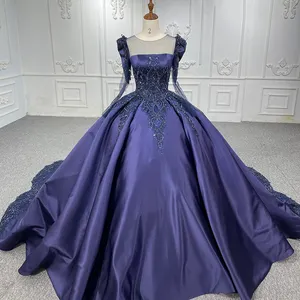 Jancember DY6546 New Arrivals Lace Square Neck Blue Satin Fashion Elegant Full Sleeve Evening Dresses